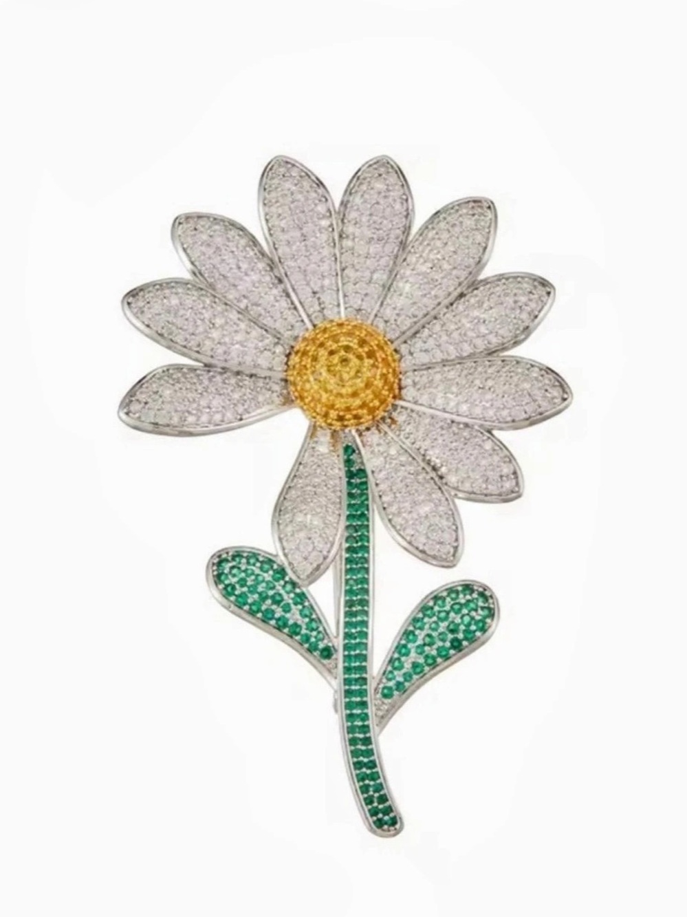 White Daisy Crystal Brooch with Green Stem | Flower Lapel Pin